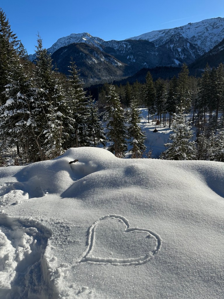 Schneelandschaft. Schneebedeckte Berge im Hintergrund, davor ein Winterwald, dann ein Schneefeld mit einem gezeichneten Herz im Schnee